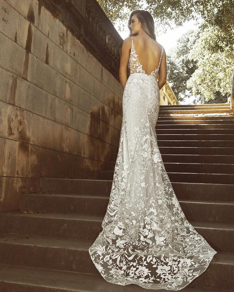 La8240 vintage lace wedding dress with detachable train and sheath silhouette2